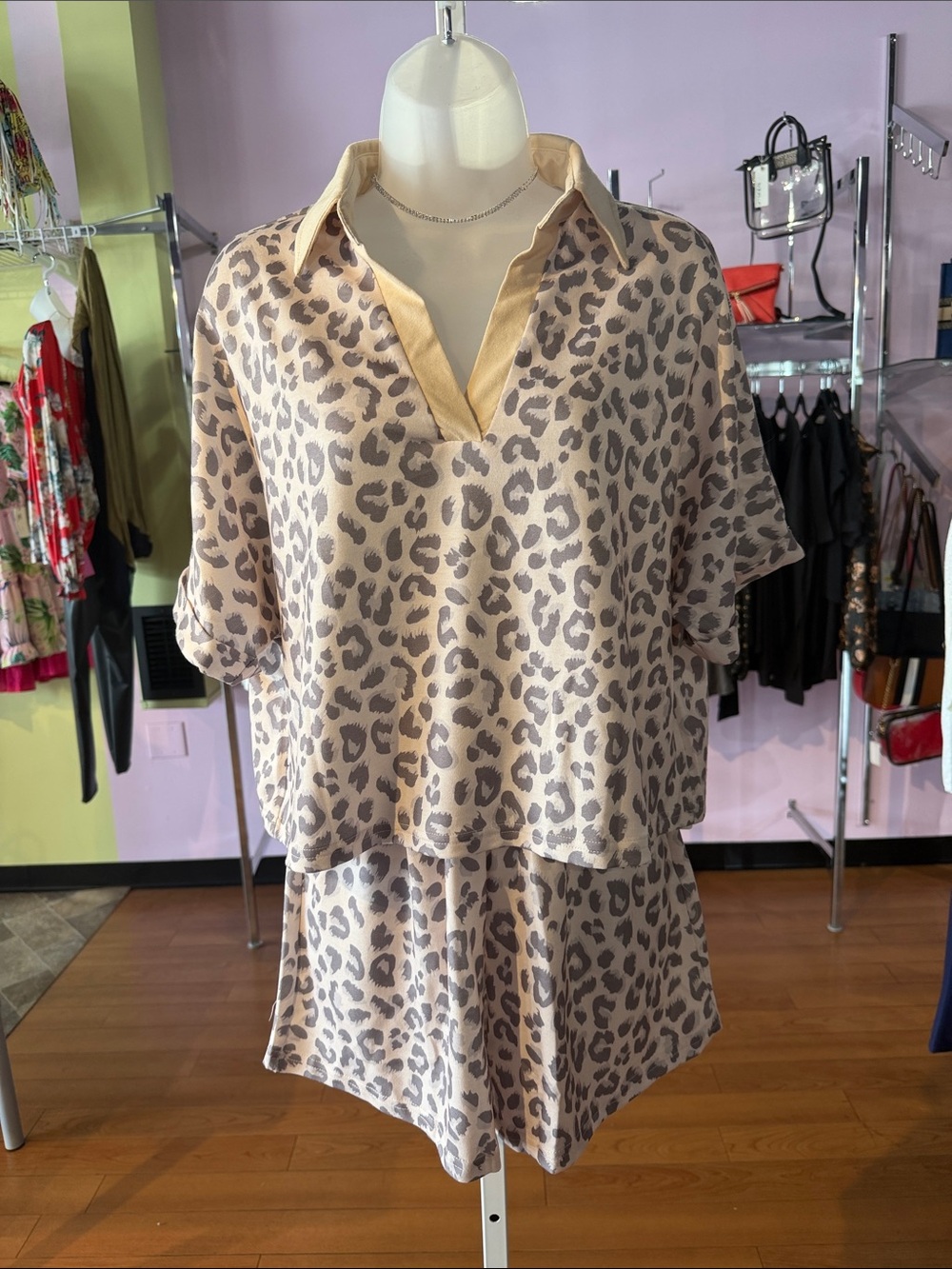 Leopard Print Short Sleeve Top and Shorts Set - Beige